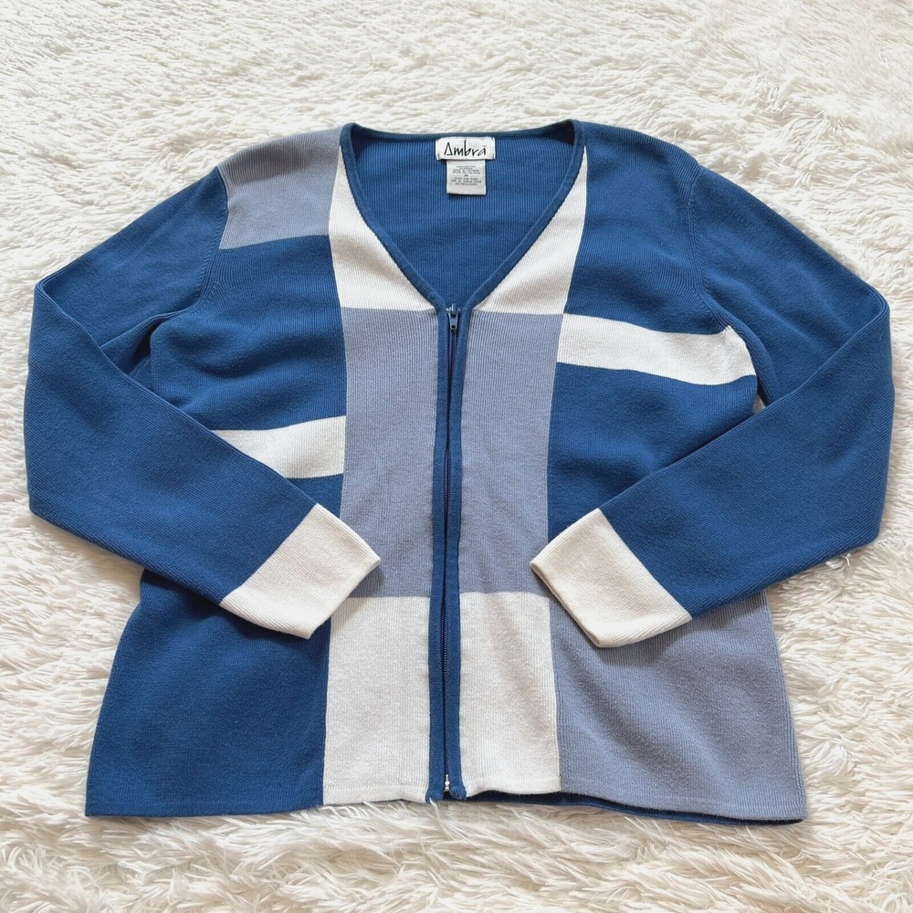 Ambra Womens Sweater Medium‎ Blue Cardigan Jacket Colorblock Y2K Academia 15248x